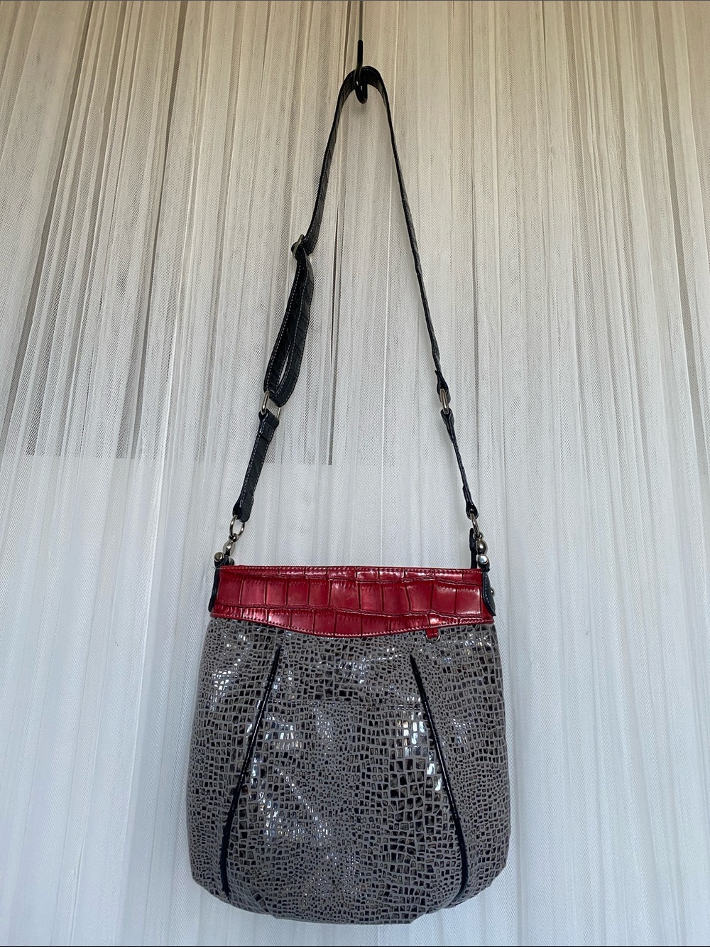 Two-Tone Croc-Texture Shoulder/Crossbody Bag in Gray and Red by Joanel